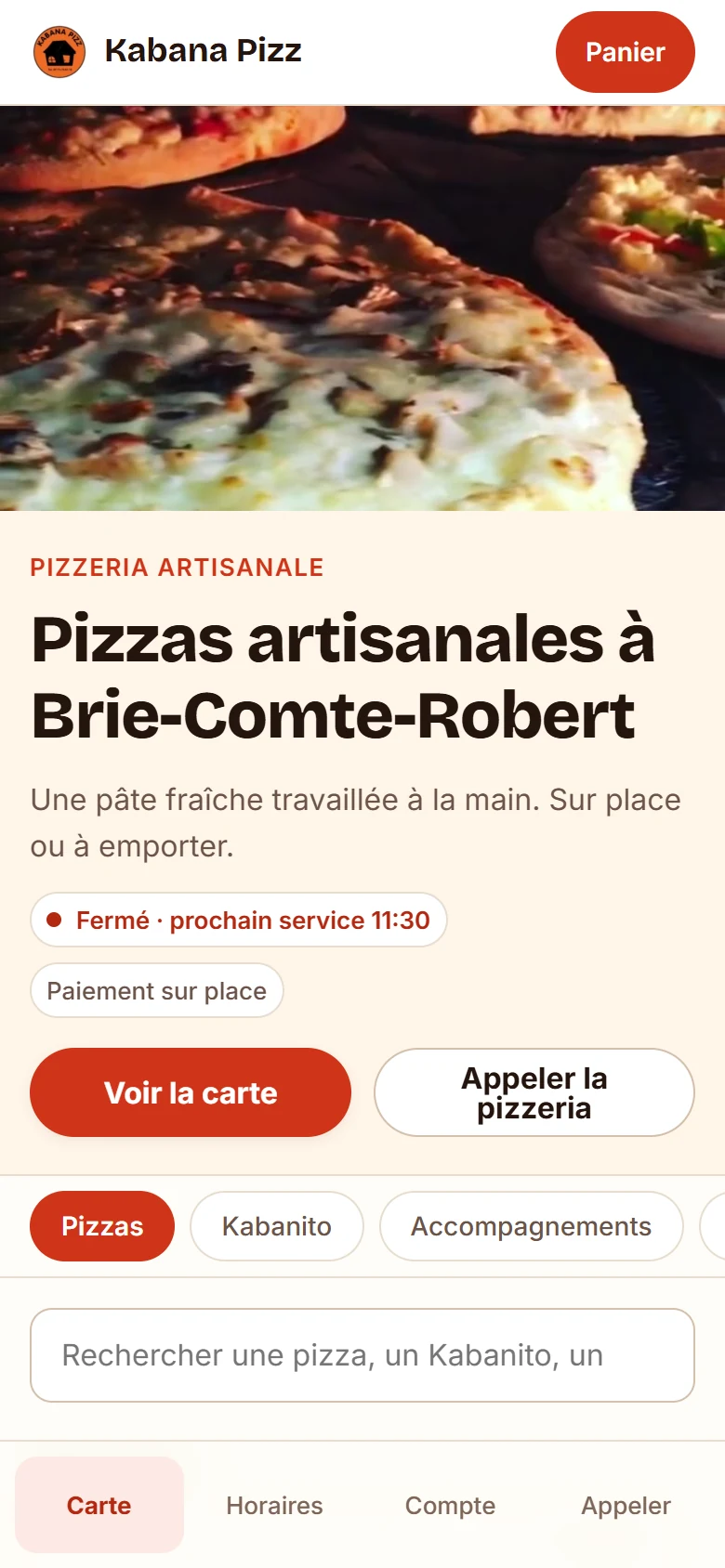 Le site de Kabana Pizz sur mobile